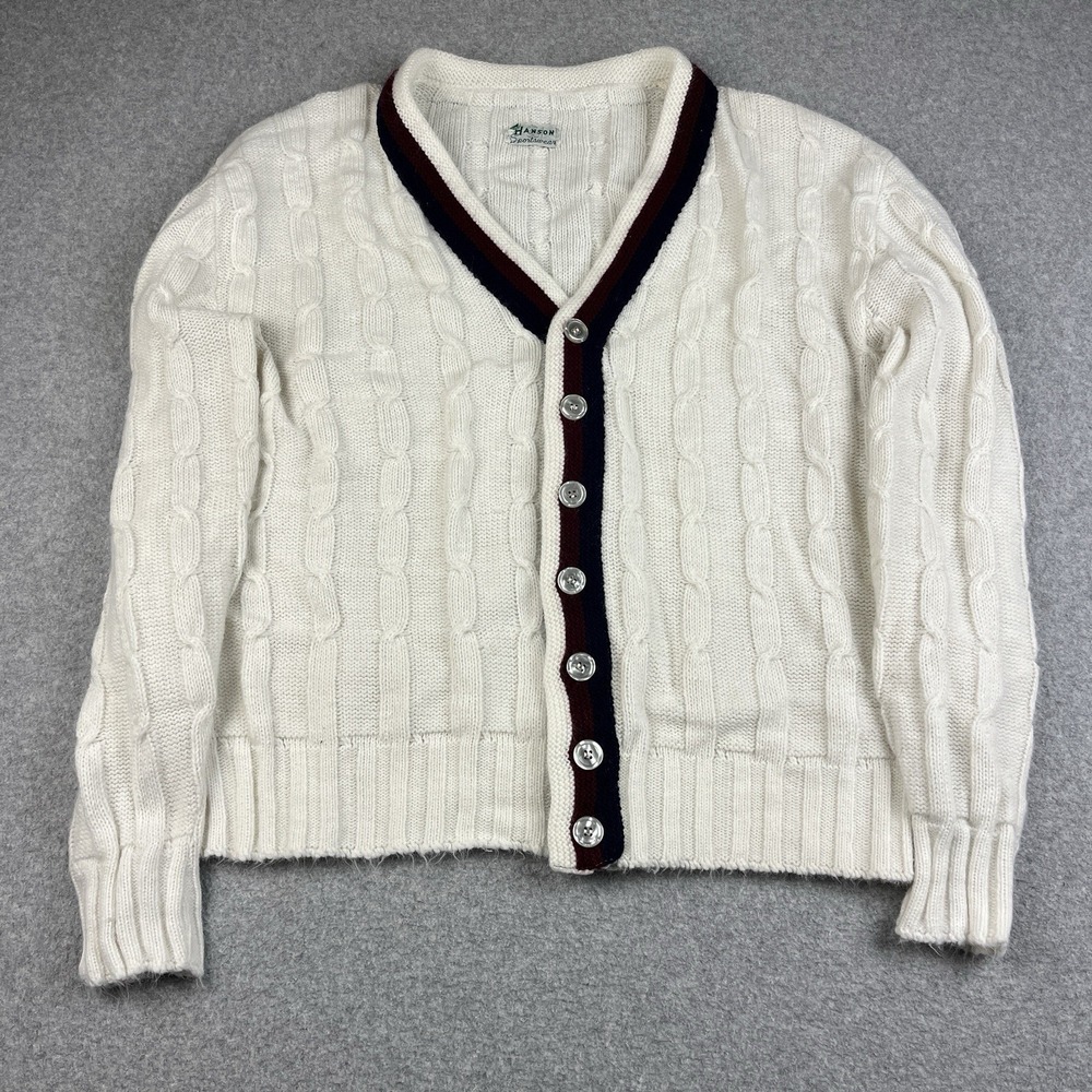 Vintage 60s Hanson Sportswear Cardigan Sweater Medium White Red Stripe Acrylic